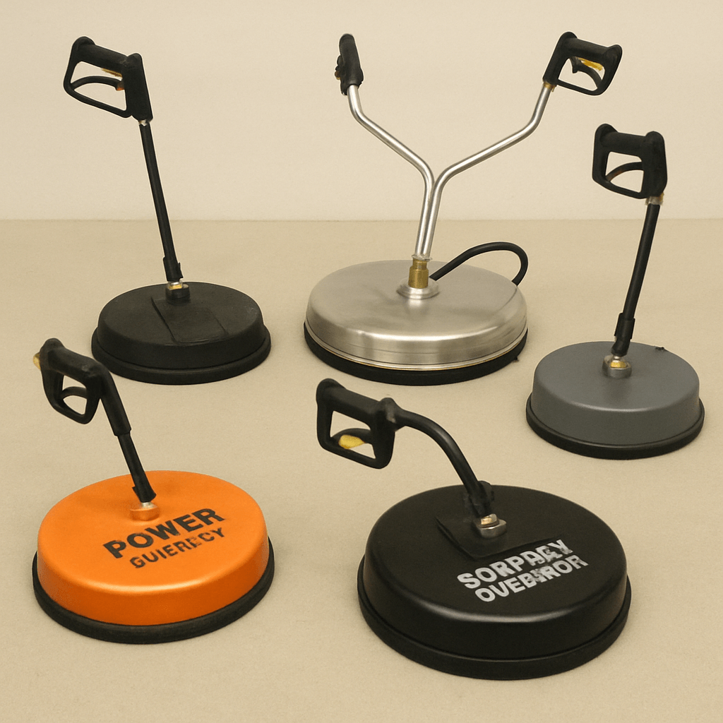 A variety of power washer surface cleaners on display