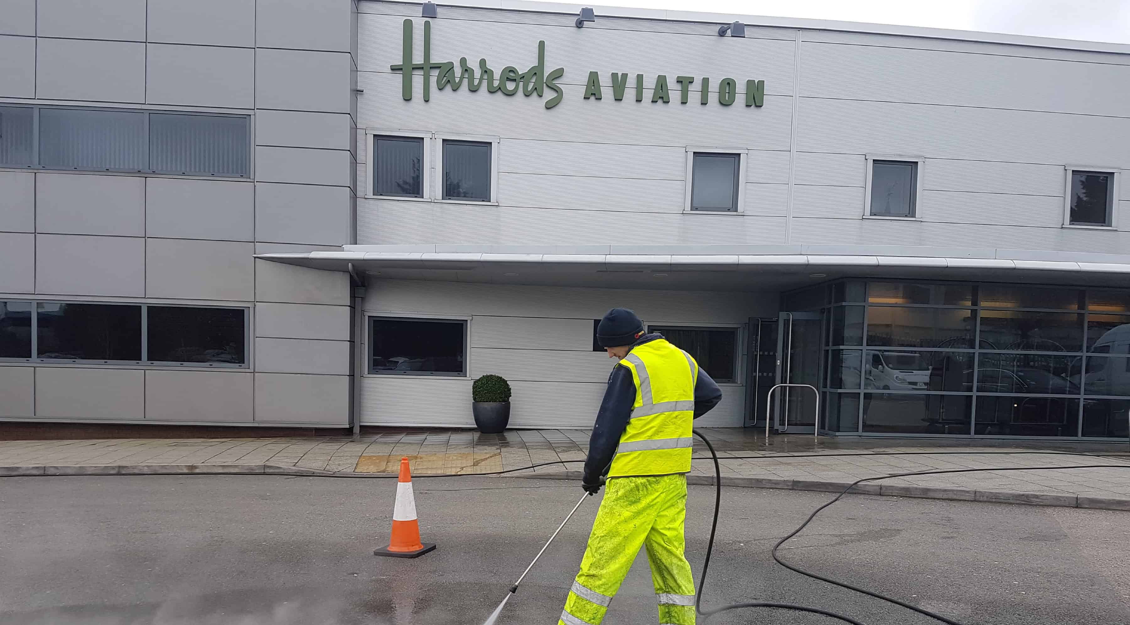 Commercial forecourt cleaning at Harrods Aviation, Luton, by Herts Pressure Washing